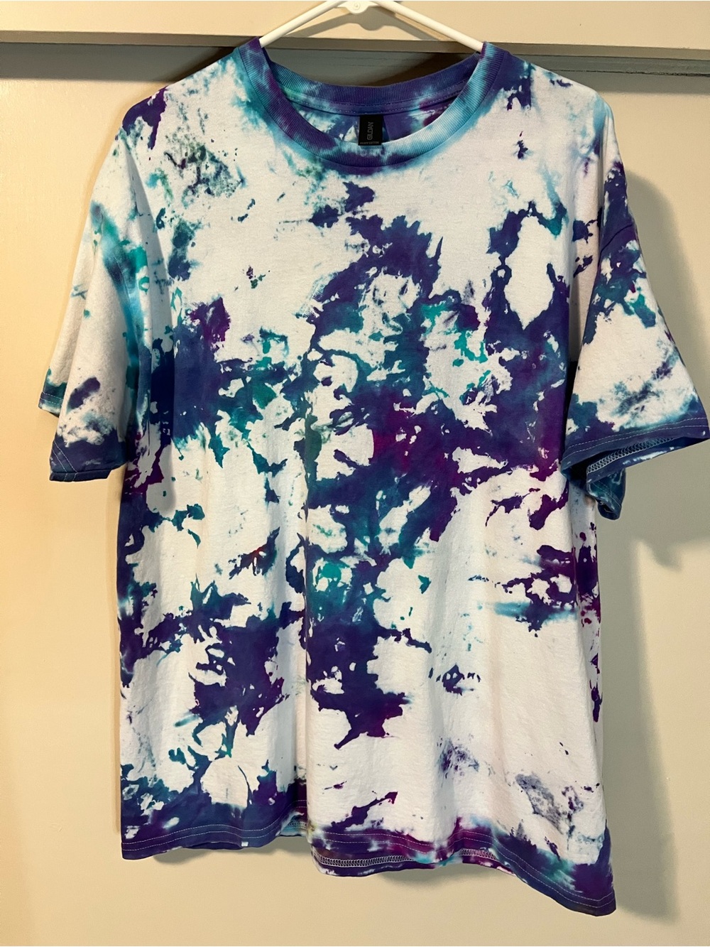 Gildan White Tie-Dye Short Sleeve Tee with Purple & Teal Accents